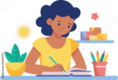 Girl in yellow dress studying with books and pencils on desk