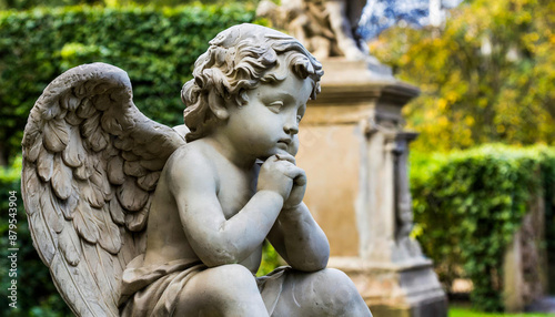 child angel statue sitting thinking