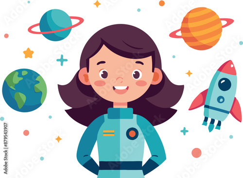 Female astronaut smiling with planets and rocket in the background