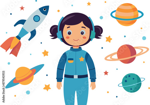 Girl astronaut with rocket and planets floating in space