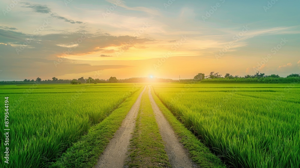 Fototapeta premium Sunset Over a Green Rice Paddy Field