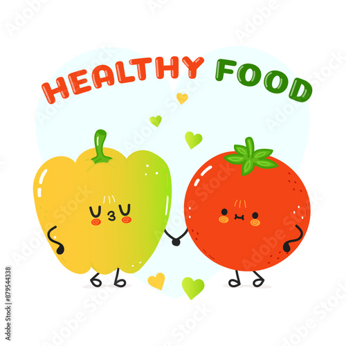 Yellow pepper and tomato card. Vector hand drawn doodle style cartoon character illustration icon design. Happy green pepper and tomato friends concept card