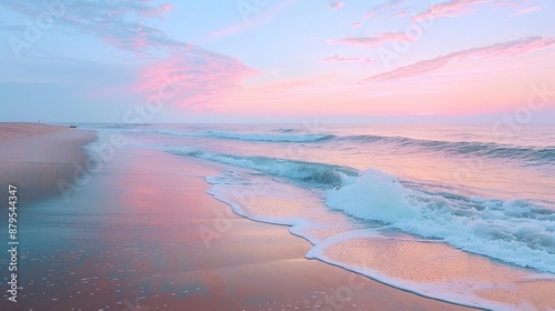 A serene beach at twilight, soft pastel colors in the sky and calm waves