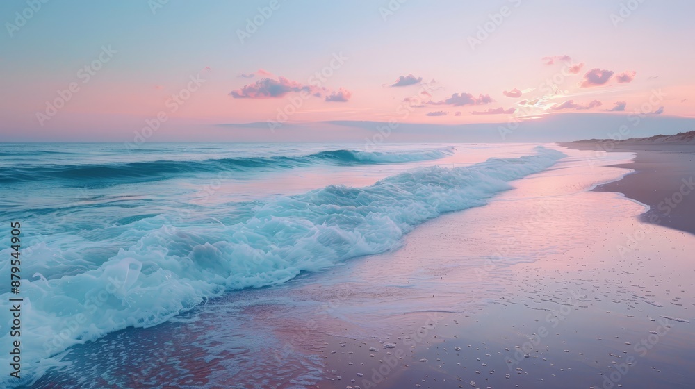 A serene beach at twilight, soft pastel colors in the sky and calm waves A serene beach at twilight, soft pastel colors in the sky and calm waves