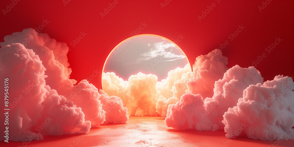 Obraz premium 3d render, abstract minimal background with white clouds on tunnel