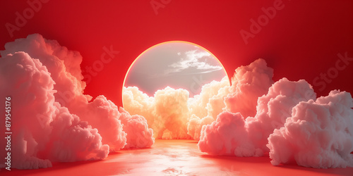 3d render, abstract minimal background with white clouds on tunnel