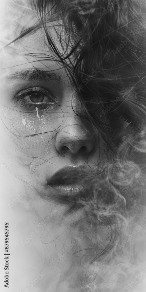 White background, black and white photo, female face through a layer of fog, face close-up, looming, clean picture, hazy feeling, detailed, stylize 118 White background, black and white photo, female face through a layer of fog, face close-up, looming, clean picture, hazy feeling, detailed, stylize 118