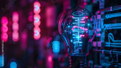 Neon Light Bulb in a Dark Room.