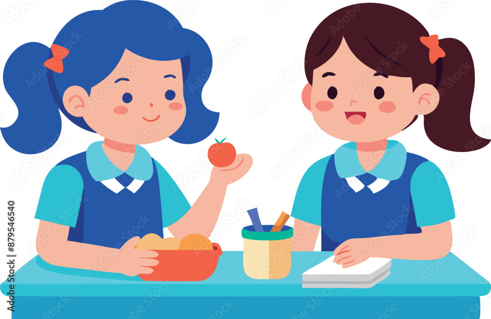 Two schoolgirls at a table sharing snacks, one holding an apple Two schoolgirls at a table sharing snacks, one holding an apple
