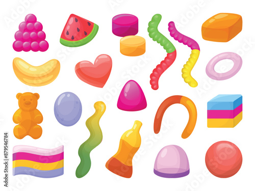 Cartoon jelly candies. Sweet chewy candy different shapes, heart bear watermelon slice banana worms. Gummy dessert for kids, neoteric vector set