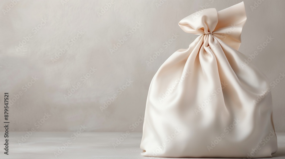 White fabric bag tied with a knot on a gray background. White fabric bag tied with a knot on a gray background.