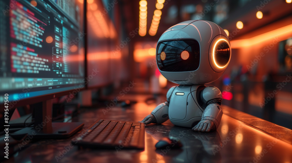AI Robot with Glowing Eyes Working on Computer Code in a Hi-Tech Office at Dusk AI Robot with Glowing Eyes Working on Computer Code in a Hi-Tech Office at Dusk