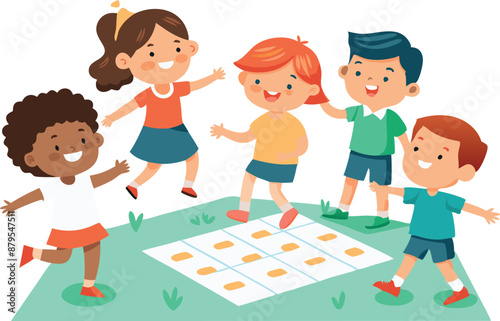 Group of children playing hopscotch on grass