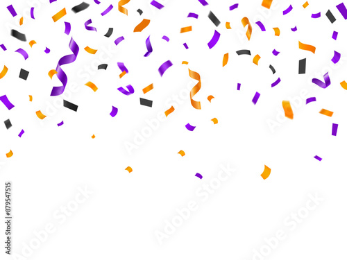 Halloween holiday confetti, background with orange and purple falling paper pieces cascade adding a festive touch to carnival celebrations. Colorful vector burst of fun and excitement in the air