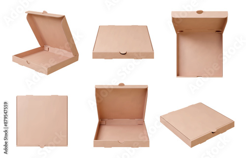 Realistic pizza boxes. Cardboard box mockup, open close top view packages. Fast food delivery containers, empty packs pithy vector clipart