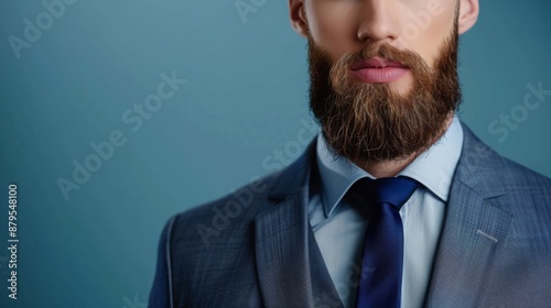 A man in a suit and blue tie stands against a blue background. He has a beard and is looking down. © Emiliia