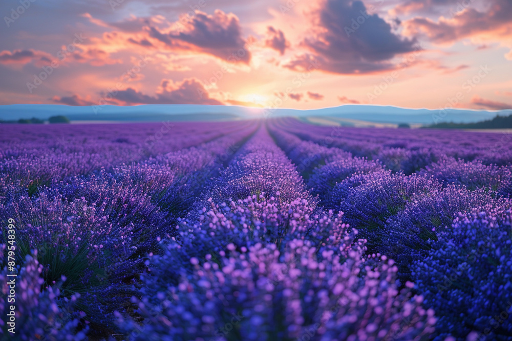 Lavender Field at Sunset With Pink Clouds in the Sky Lavender Field at Sunset With Pink Clouds in the Sky