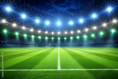 Green grass illuminated by spotlights on the football field.