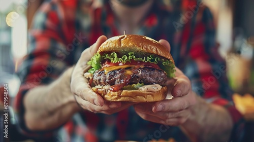 Close-up of a juicy burger being held in hands