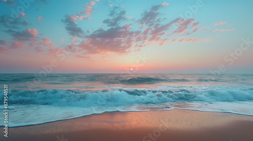 A serene beach at twilight, soft pastel colors in the sky and calm waves