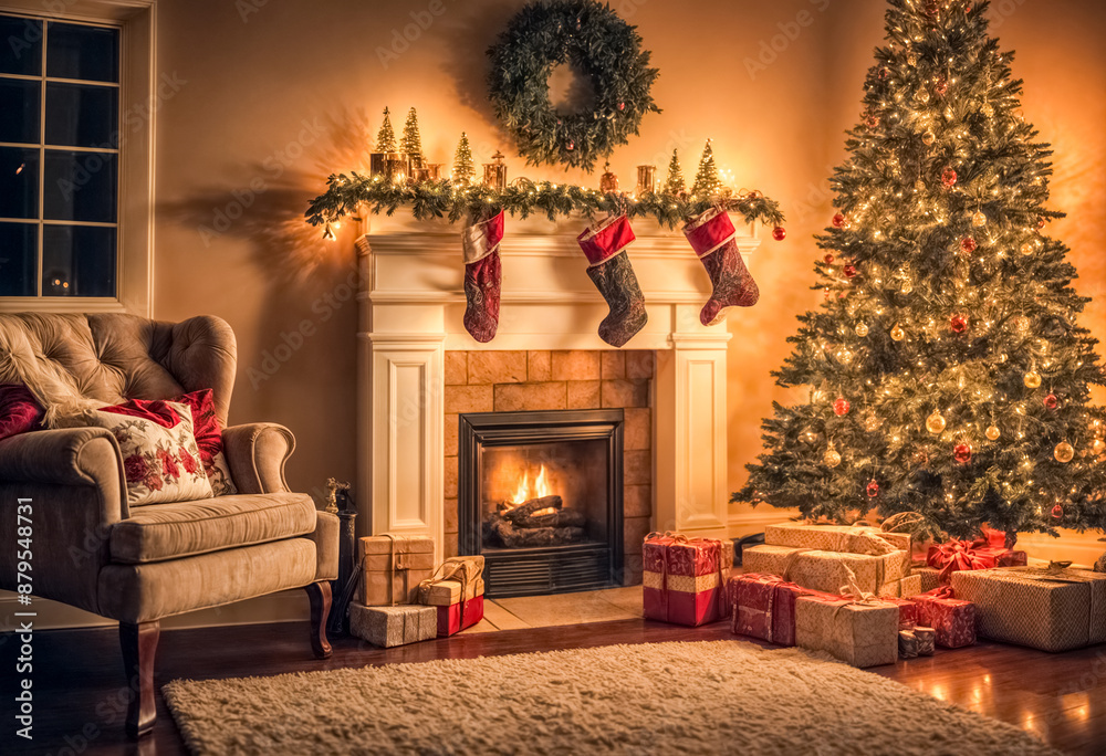Salotto Natalizio con Albero e Camino Decorato