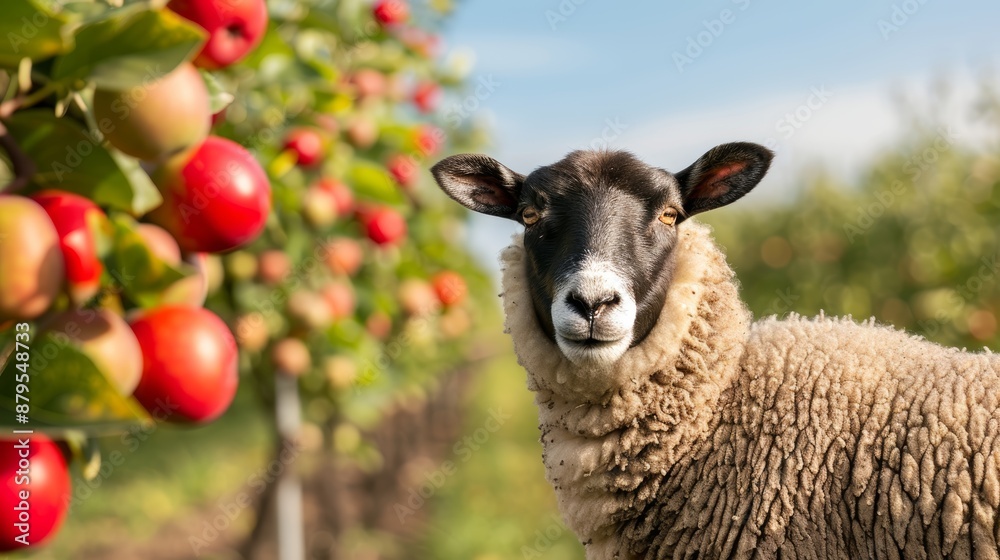 Fototapeta premium A vibrant and clear image of a black sheep in a sunny orchard with fruit-laden trees, focus cover all object