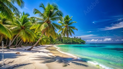 Serenity of a deserted sandy beach with calm turquoise ocean waters and majestic palm trees against a clear blue sky. © Man888