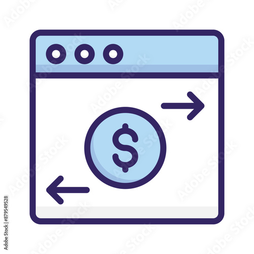 Dollar coin inside webpage with arrows, concept of money transfer, transactions, payments, online banking, vector design