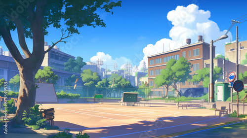 Creative High School Yard Animation Studio - Vibrant Illustration with Students Drawing, Designing, and Animating Together