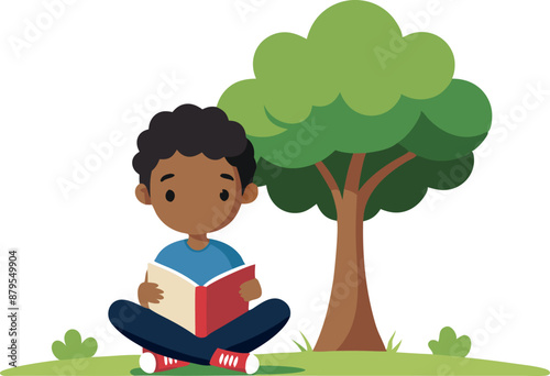 Young boy reading book sitting under tree