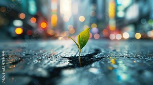 Sprout growing through the concrete cracks
 with blurred city  in the background. 