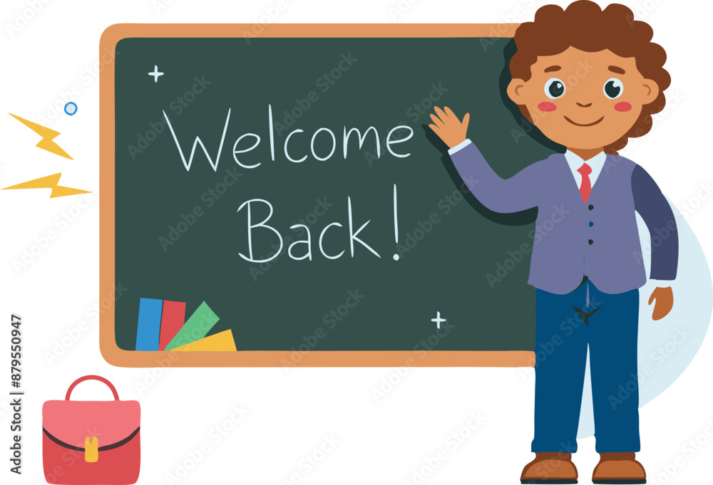 Boy Welcoming Back to School with Chalkboard and Briefcase Boy Welcoming Back to School with Chalkboard and Briefcase