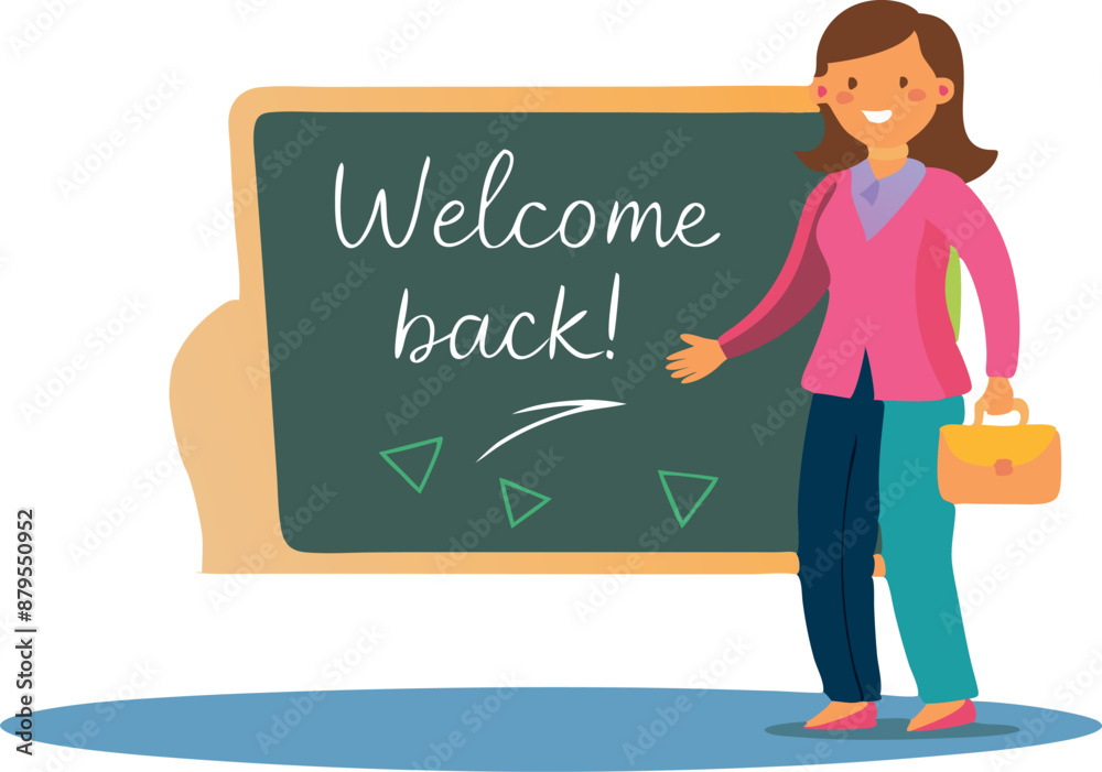 Teacher Welcoming Back Students with Chalkboard Message and Bag Teacher Welcoming Back Students with Chalkboard Message and Bag