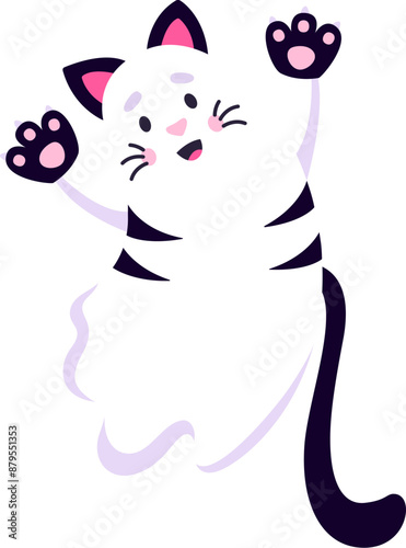 Funny cartoon Halloween kawaii ghost cat character. Isolated playful kitten spook with ghostly twist, featuring adorable feline ears, paws and tail, creating an irresistibly loveable phantom personage