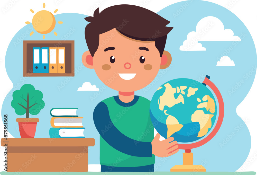 Smiling Boy Holding Globe in Classroom with Books and Plant Smiling Boy Holding Globe in Classroom with Books and Plant