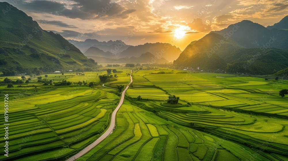 Scenic Sunset Over Lush Rice Terraces in Mountain Valley Scenic Sunset Over Lush Rice Terraces in Mountain Valley
