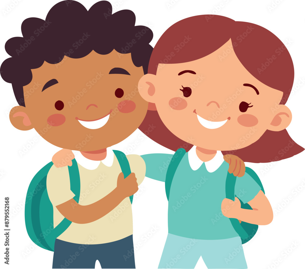 Two smiling kids with backpacks hugging each other Two smiling kids with backpacks hugging each other