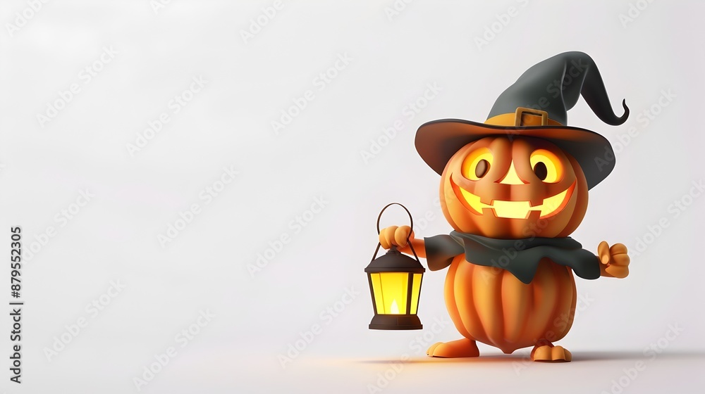 Fototapeta premium Cute Halloween Pumpkin Character Holding Lantern on White Background