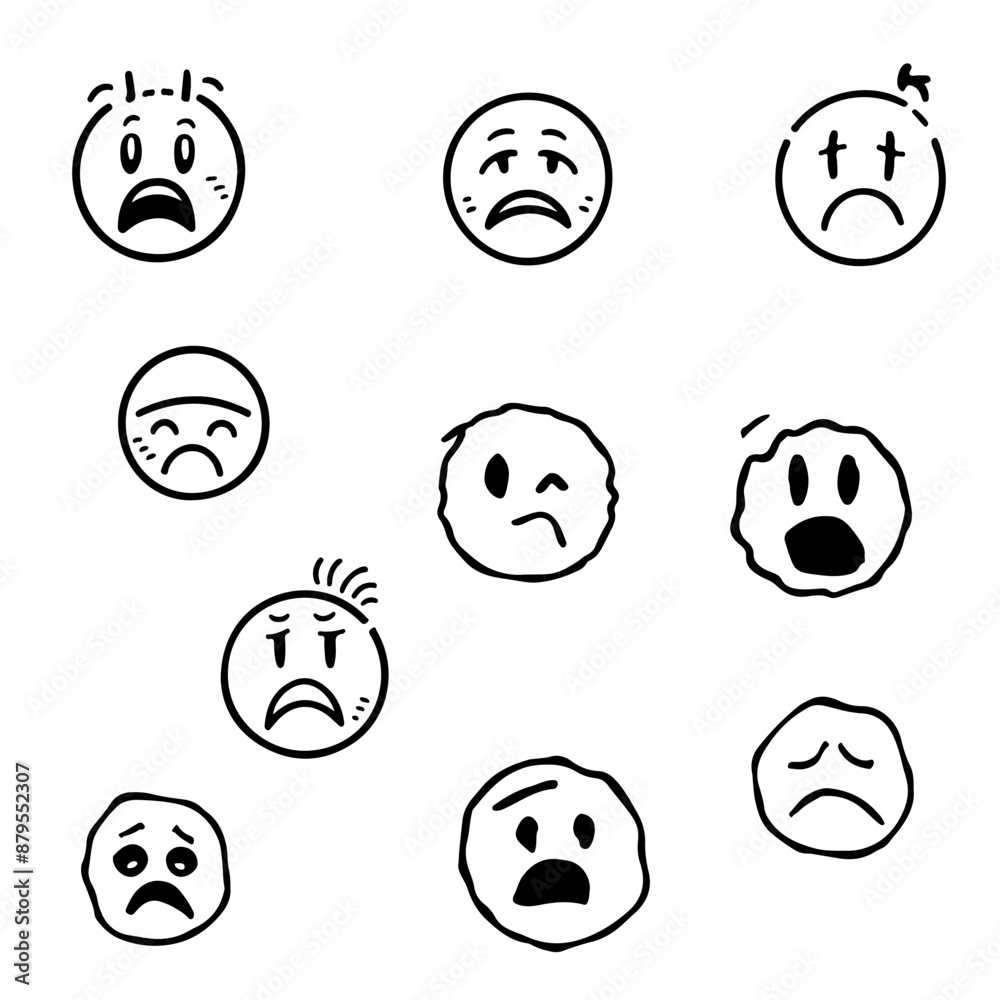 Obraz premium Black outlines of emoticons with negative emotions of fear, anger, depression, despondency. Vector set of sketches with icons of psychological states