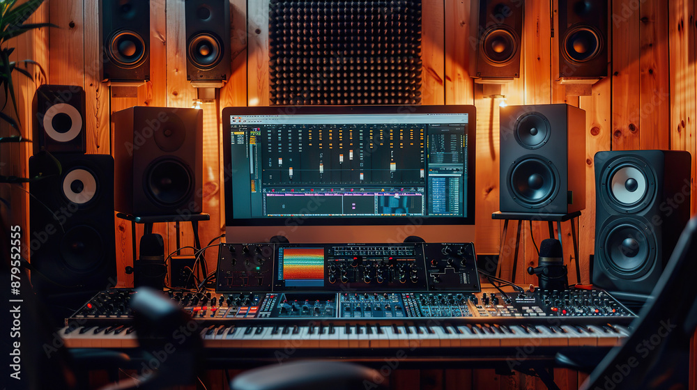 Music Production Studio with Synthesizer and Sound Equipment Music Production Studio with Synthesizer and Sound Equipment