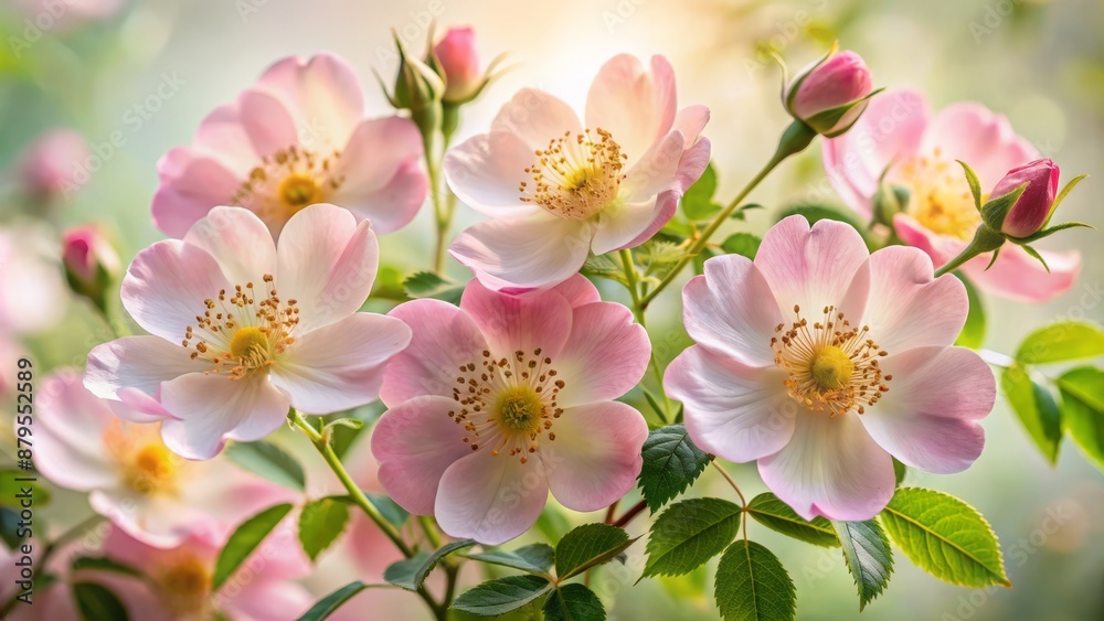 Elegant close-up of delicate, pink-hued wild rose flowers against a transparent background, exuding softness and romantic charm.