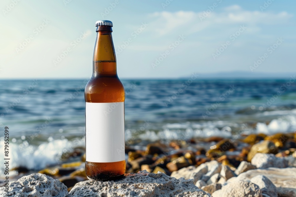 Serene Beachside With Single Beer Bottle on Rocky Shore Serene Beachside With Single Beer Bottle on Rocky Shore
