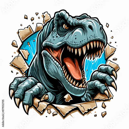 vector hand drawn t-rex roars out from torn paper illlustration