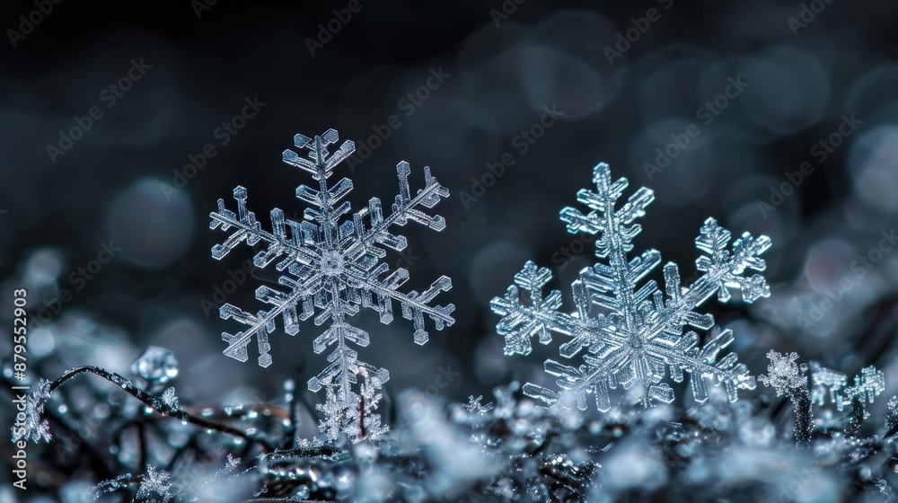Stunning macro photography of snowflakes with a black backdrop Stunning macro photography of snowflakes with a black backdrop
