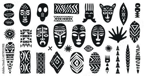 African and ethnic tribal geometric shapes set. Traditional Mayan masks and Indian ornaments. Isolated vector clipart collection