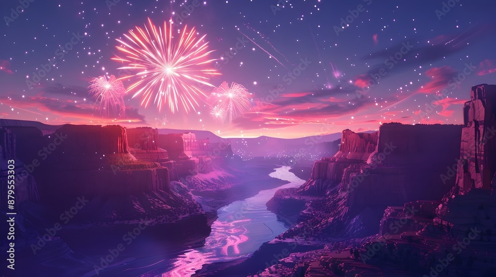 Obraz premium Dramatic Fireworks over Stunning Canyon Landscape on Festive Night