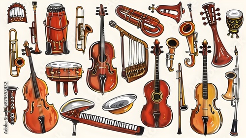Diverse Hand Drawn Musical Instruments on White Background for Creative Design