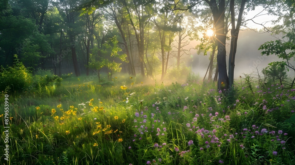 Obraz premium Enchanting Sunshine Filtered Through Lush Forest Landscape at Scenic Nature Outing