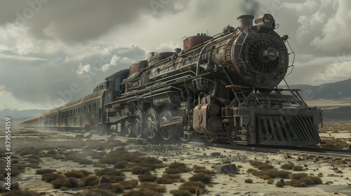 Rusty vintage steam train traveling through a desolate desert landscape under cloudy skies