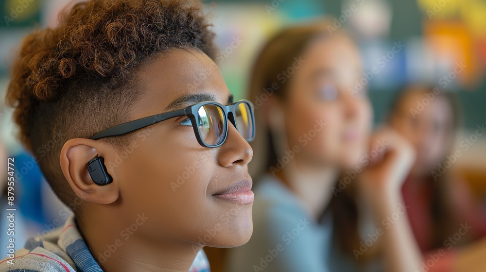 close-up of a student with wireless earbuds, attentively listening to their teacher in a classroom, capturing the focus and engagement in an educational environment with classmates close-up of a student with wireless earbuds, attentively listening to their teacher in a classroom, capturing the focus and engagement in an educational environment with classmates